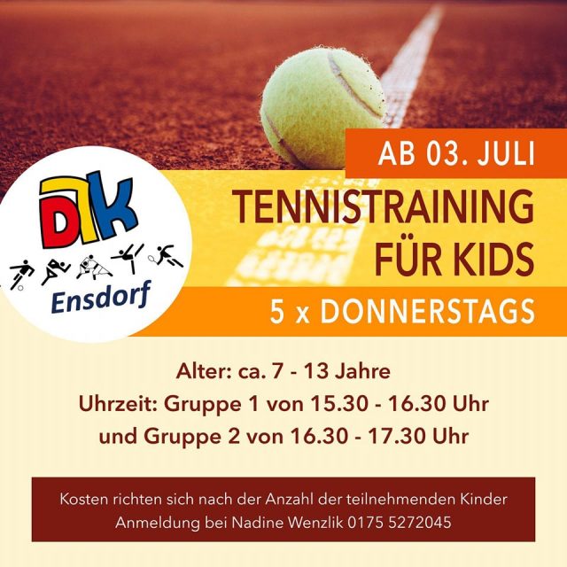 🎾 Tennistraining für Kids 🎾

Ab dem 03. Juli startet unser 5-wöchiges Tennistraining für Kinder im Alter von ca. 7 bis 13 Jahren mit Tennistrainerin Vera Siebert-Schmal.

📅 Wann?
Immer donnerstags – 5 aufeinanderfolgende Termine

⏰ Uhrzeiten:
• Gruppe 1: 15:30 – 16:30 Uhr
• Gruppe 2: 16:30 – 17:30 Uhr

💰 Kosten:
Abhängig von der Anzahl der teilnehmenden Kinder

📞 Anmeldung & Infos:
Nadine Wenzlik, Tel.: 0175 5272045

#tennislove #sandplatzgötter #tennis #blaundweiß #blaundweißeinlebenlang #djk #landkreisambergsulzbach #blsv #djkensdorf #ensdorfinderoberpfalz