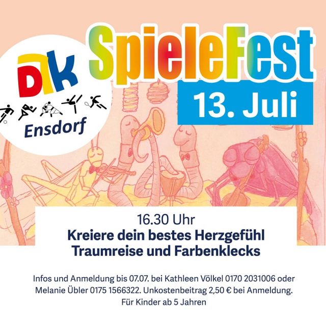 🎨✨ Traumreise & Farbenklecks beim Spielefest! ✨🎨

Am 13. Juli um 16:30 Uhr heißt es: "Kreiere dein bestes Herzgefühl" 💖
Wir malen, träumen und hören auf unser Herz. Für Kinder ab 5 Jahren! 🧒🎨🌈

📍 Anmeldung bis 07.07. bei Kathleen oder Melanie (siehe Flyer)
💶 Unkostenbeitrag: 2,50 €

#SpielefestEnsdorf #Traumreise #Herzgefühl #KreativMitKindern #Farbenklecks #AchtsamkeitFürKinder #blaundweiß #blaundweißeinlebenlang #djk #landkreisambergsulzbach #blsv #djkensdorf #ensdorfinderoberpfalz