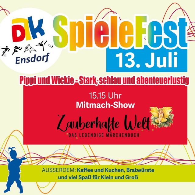 🌟 Zauberhafte Welt beim Spielefest 🌟

Am 13. Juli um 15:15 Uhr erwartet euch eine Mitmach-Show der besonderen Art:
„Zauberhafte Welt – das lebendige Märchenbuch“ 📖✨

Taucht ein in eine fantasievolle Reise voller Abenteuer, Magie und Mitmachspaß – für kleine Held*innen und große Träumer! 🧚‍♀️🌈

🍰 Außerdem: Kaffee & Kuchen, Bratwürste und jede Menge Spiel & Spaß für die ganze Familie!

#SpieleFestEnsdorf #ZauberhafteWelt #MitmachShow #Kinderprogramm #Märchenleben #Familienfest #PippiUndWickie #Sommerfest #blaundweiß #blaundweißeinlebenlang #djk #landkreisambergsulzbach #blsv #djkensdorf #ensdorfinderoberpfalz